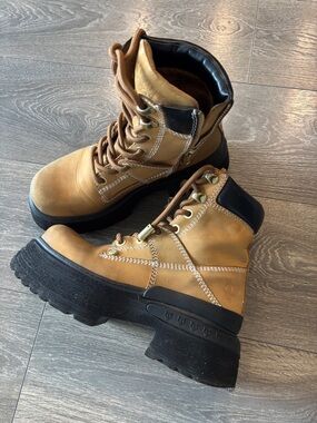 8 us ❣️ Naked Wolfe Tan Leather Chunky Boots | Platform | Lace-Up + Zip
